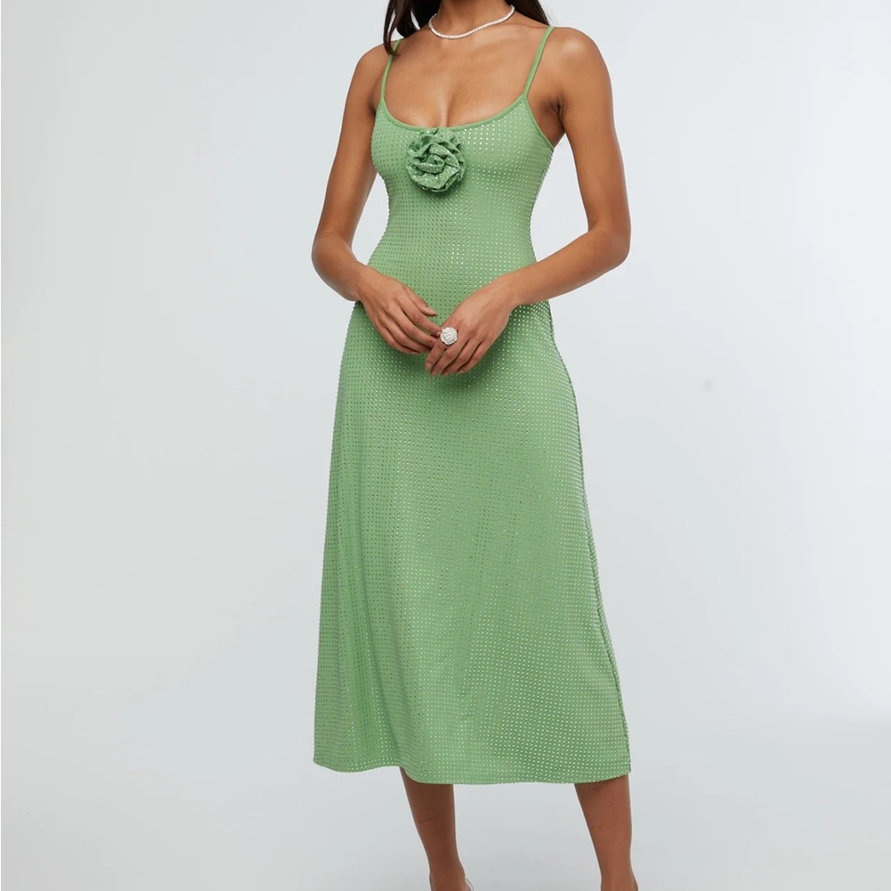 WeWoreWhat crystal green midi rosette dress, size small, sparkly, like new